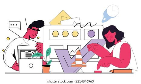 concept of office work man and female desk flat vector illustration, presentation