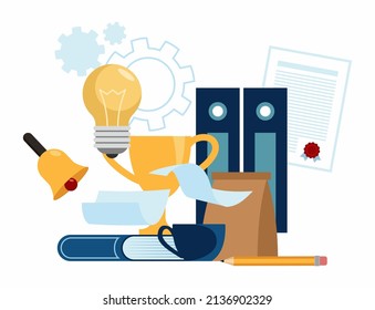The concept of office work and partnership cooperation. Businessmen around a huge portfolio. Profitable business idea, strategy and achievement. Flat vector illustration