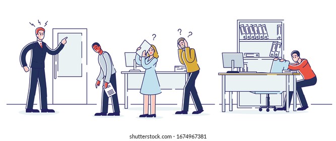 Concept Of Office Work And Staff. Young Angry Boss Is Shouting At Employees In The Office. Employer Has Flipped Out Because Of Failure Deadline. Cartoon Linear Outline Flat Style. Vector Illustration
