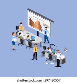 The concept of office work, teamwork, brainstorming, meeting, exchange of ideas, problem-solving.