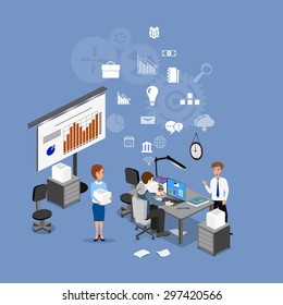 The concept of office work, teamwork, brainstorming, meeting, exchange of ideas, problem-solving. 