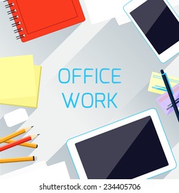 Concept for office work with top view of digital tablet, smartphone, stationery lying on desk