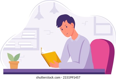 concept of an office worker man reading a book on an office background