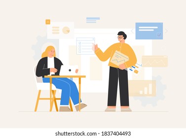 Concept of the office workflow. Business People man and woman conduct business discussions and analyze data, graphs, charts, presentations, collect statistics or prepare a report. Vector illustration.