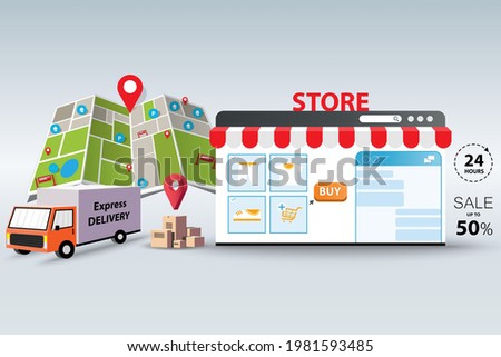 Concept of offline shopping, truck is ready to deliver the goods from store to customer in the city that show in a big map and marker in perspective view.