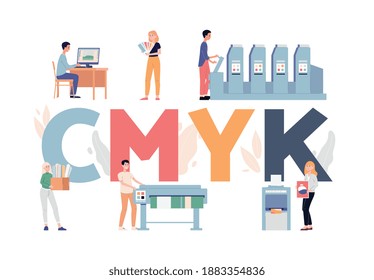 Concept of offset print in industrial print production. Workers, designers and printers of printing house near a huge inscription cmyk. Vector flat isolated illustration.