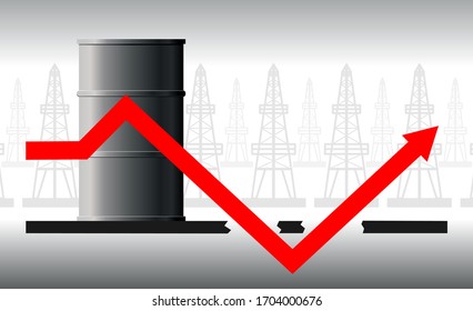 The concept of the oil crisis. The fall in oil prices, fuel. The red arrow of the graph against the background of the barrel falls below the possible, below zero and again goes up. 