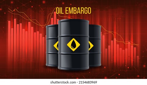 Concepto de embargo petrolero con gráfico decreciente. Concepto de comercio digital en el mercado de valores y caída de los suministros de petróleo y gas. Embargo petrolero. Rechazo gradual. Ilustración vectorial 3d.