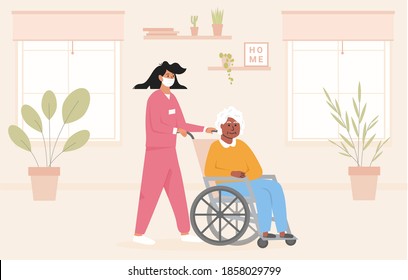 Concept For Old Age Home During Pandemic. Nurse Wearing Face Mask With Elderly Black Woman In Wheelchair. Residential Care Facility At Nursing Home. African American Disabled Lady At Her Room. Vector.