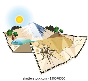 concept of an old map of the island c mountain and lake scenery