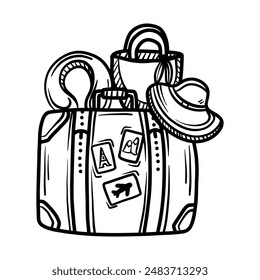 Konzept alte Reisetasche mit Hut, Kissen und Tasche auf weißem Hintergrund. Zeichnung