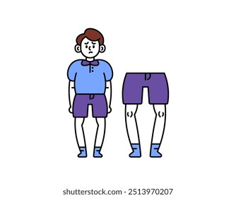 concept of O-legs or bowlegs. genu varum. symptoms of blount's disease. bone disorders. illustration of a boy with O-shaped legs. problems with body shape. outline style character design. elements