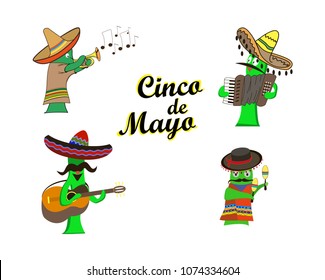 Concept on Cinco de Mayo,a set of characters in the form of cactus musicians on an isolated background