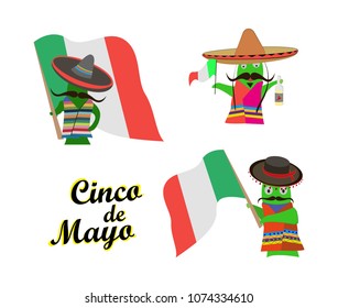 Concept on Cinco de Mayo,a set of characters in the form of cactus with a flag on an isolated background