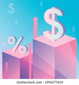 The concept is on a colored background with the dollar growing up. Exchange, currency, money. For the design of materials, social networks and banners.
