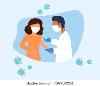 Concept on covid-19 vaccination. Doctor in protective mask making injection to patient. Coronavirus vaccine. Flat cartoon vector illustration