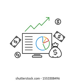 Concept on money, banking, saving and profit. Outline thin line flat illustration. Isolated on white background. 