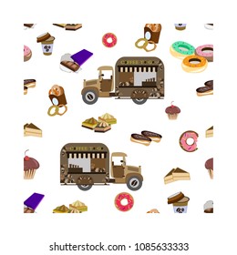 Concept on street food, coffee to go. Seamless pattern with car and sweets, vector