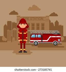 Concept on the subject of the fire station. Fire station with a car and a fireman.
