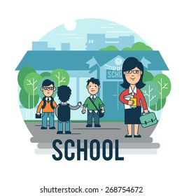 Concept on the subject of school. Teacher with students.