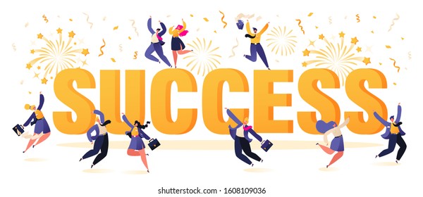 Concept on success in business. Joyful people dance and jump. Managers team, business men and women in suits rejoice after successful deal or contract signing, completed plan for the year. 