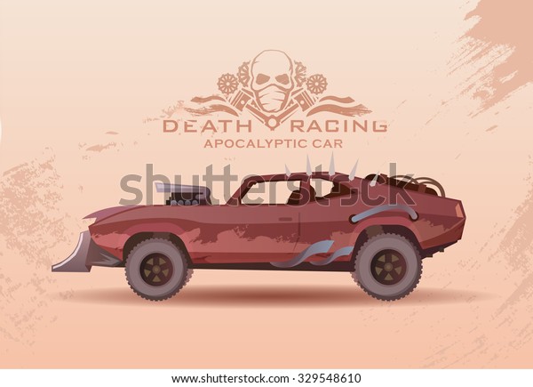 Concept on the theme\
of cars of the future, post-Apocalypse, Apocalypse, nuclear\
disaster, death race, buggy, off-road racing, tuning cars. Vector\
poster in modern flat\
design.
