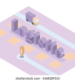 Concept on the theme of "logistics". The truck delivers the goods to the destination. The color is purple. Style is isometry. Vector illustration.