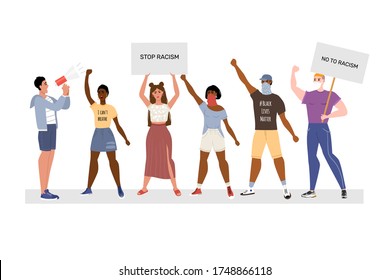 Concept on the theme of racism. Stop racism. The image of protesting people, equality. Black lives matter. Vector stock illustration. Isolated on a white background. Flat style.