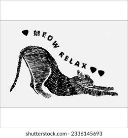A concept on the theme of relaxation and peace. Illustration with cat made by liners. Hearts. Black, white, gray. The text is "Meow Relax". Meditation. For the design of postcards, invitations, poster