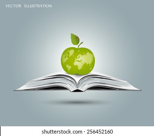 The concept on the theme of science. Apple legit on the open book. Map of the world on the Apple. Vector illustration modern template design