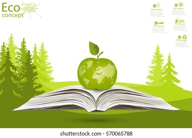 The concept on the theme of science. Apple legit on the open book. Map of the world on the Apple. Vector illustration modern template design