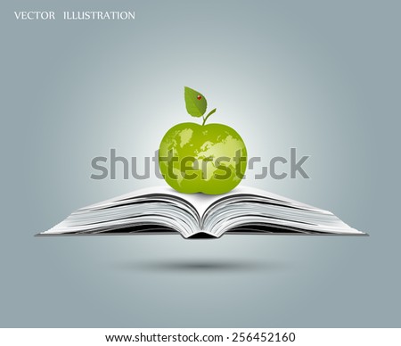 The concept on the theme of science. Apple legit on the open book. Map of the world on the Apple. Vector illustration modern template design