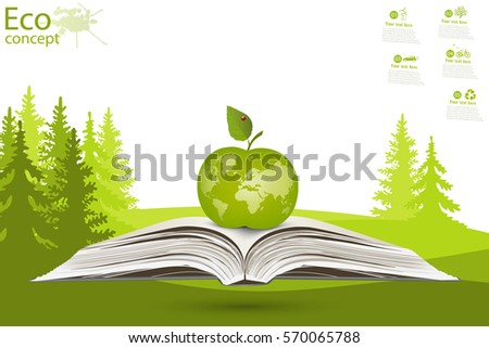The concept on the theme of science. Apple legit on the open book. Map of the world on the Apple. Vector illustration modern template design