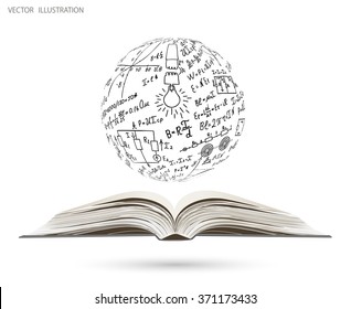 Concept on the theme of science. Ball of of mathematical equations and formulas, rising from an open book. Vector illustration modern design template. Doodle