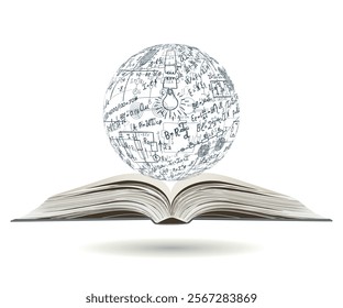 Concept on the theme of science. The globe of math equations and formulas, rising from an open book. Vector illustration. Doodle