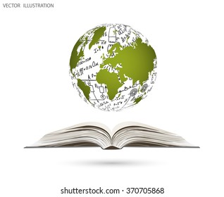 Concept on the theme of science. The globe of math equations and formulas, rising from an open book. Vector illustration modern design template. Doodle