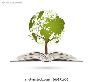 Concept on the theme of science. A tree from the mathematical equations and formulae, in the form of a map of the world, rising from an open book. Vector illustration modern design template. Symbol