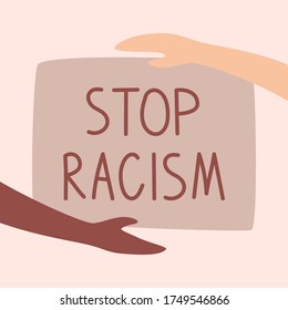 Concepto sobre el tema de detener el racismo. Ilustración vectorial en un estilo plano. Diferentes manos de color de piel, las vidas negras importan. Afiche, pancarta o tarjeta pacíficos. 
