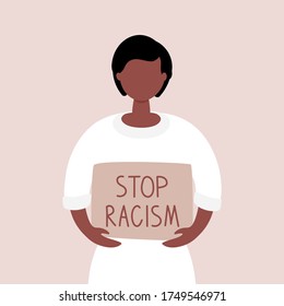 Konzept zum Thema der Beendigung des Rassismus. Schwarze Leben sind wichtig. Vektorgrafik im Flachstil. Afroamerikanerin-Demonstrantin, die ein Banner mit handgezeichneten Worten hält. Zeichendesign.