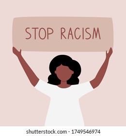 Concept on the theme of stop racism. Vector illustration in a flat style. African american woman protestor holding a banner. Black lives matter. Peaceful poster or card. 