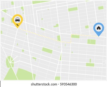 Concept on a theme taxi. Road map with icon taxi and home. Flat vector illustration EPS 10