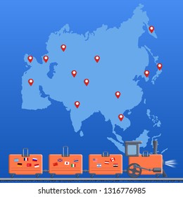 Concept on the theme of travel in Asia. Train of the suitcases on the background of the map of Asia. Vector design, EPS10