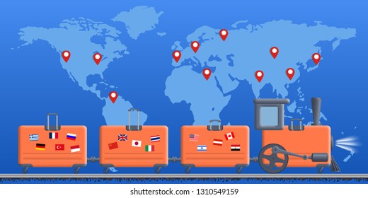 Concept on the theme of travel. Train of the suitcases on the background of the world map. Vector design, EPS10