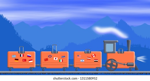 Concept on the theme of travel. Train of the suitcases on the background of a mountain landscape. Vector design, EPS10