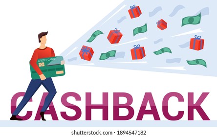 Concept on the topic of cash back. A man sucks money and gifts onto a credit card like a vacuum cleaner. The money is returned to the credit card. Vector illustration in modern flat style.