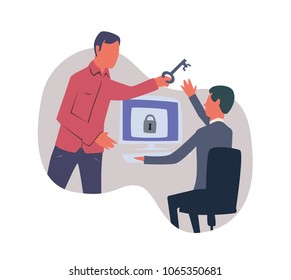 Concept on the topic of cybersecurity. One person gives to another a key to access the computer. Vector illustration, isolated on white background.