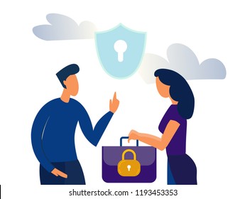 Concept on the topic of cybersecurity. One person gives to another a key to access the computer. Vector illustration, isolated on white background.