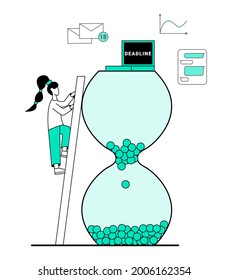 Concept on topic of deadline. Outline style. The girl climbs up the stairs to the hourglass, where there is a laptop with an inscription, next to a chat in a messenger, graph and unread letters.