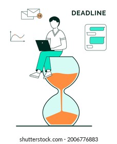 Concept on topic of deadline. Outline style. A man is sitting on an hourglass with a laptop and working, next to a chat in a messenger, graph and unread letters.