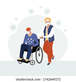 Concept on the topic of protecting the elderly from viral infection. An aged woman carries a man in a wheelchair. Isolated on a white background. Vector illustration.